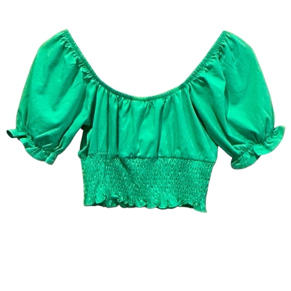 Topshop Green Shirred Waist Puff Short Sleeve Crop Top Size 6 New - Picture 4 of 8